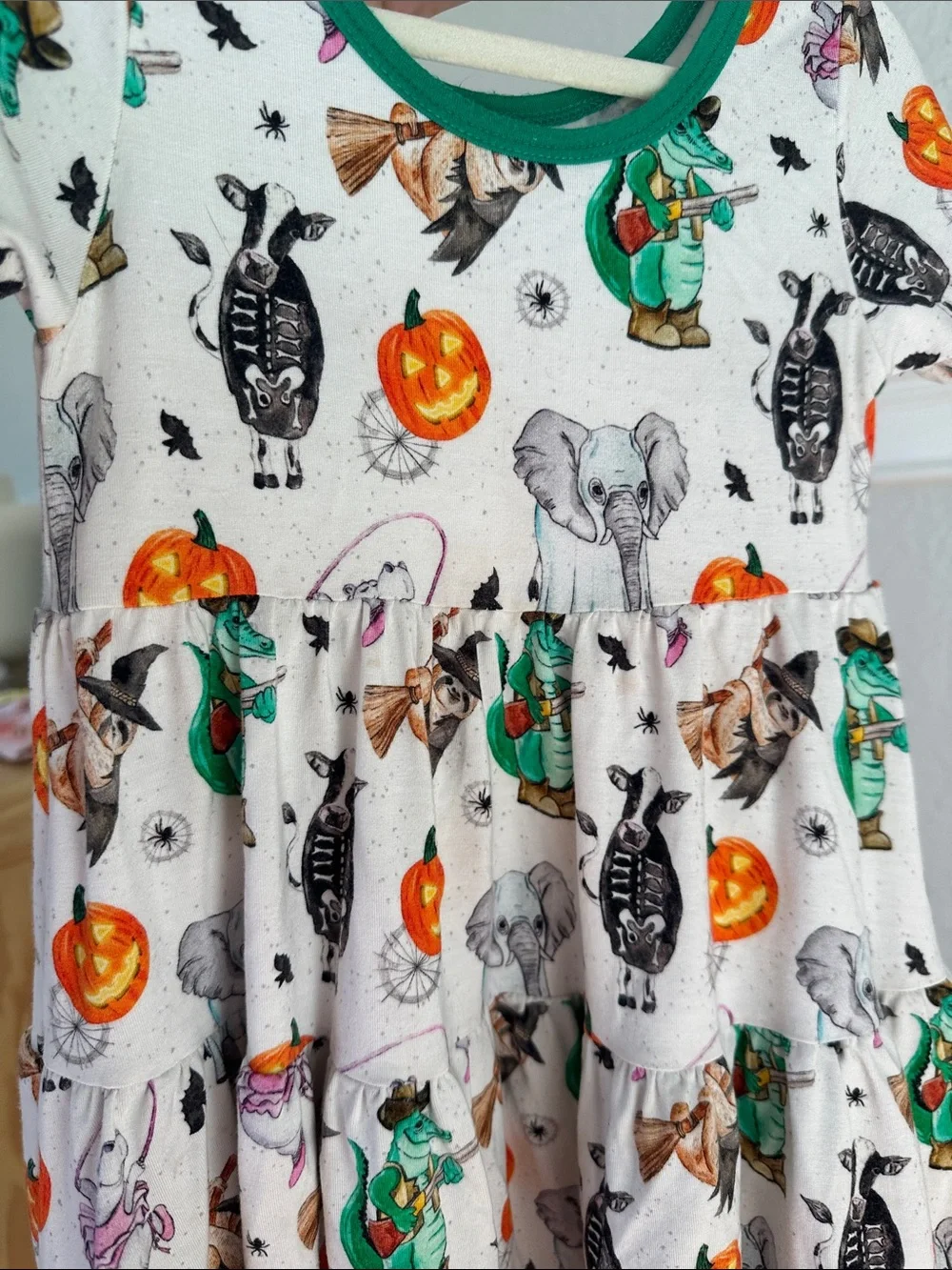 Girls' Halloween Patterned Dress with Green Trim